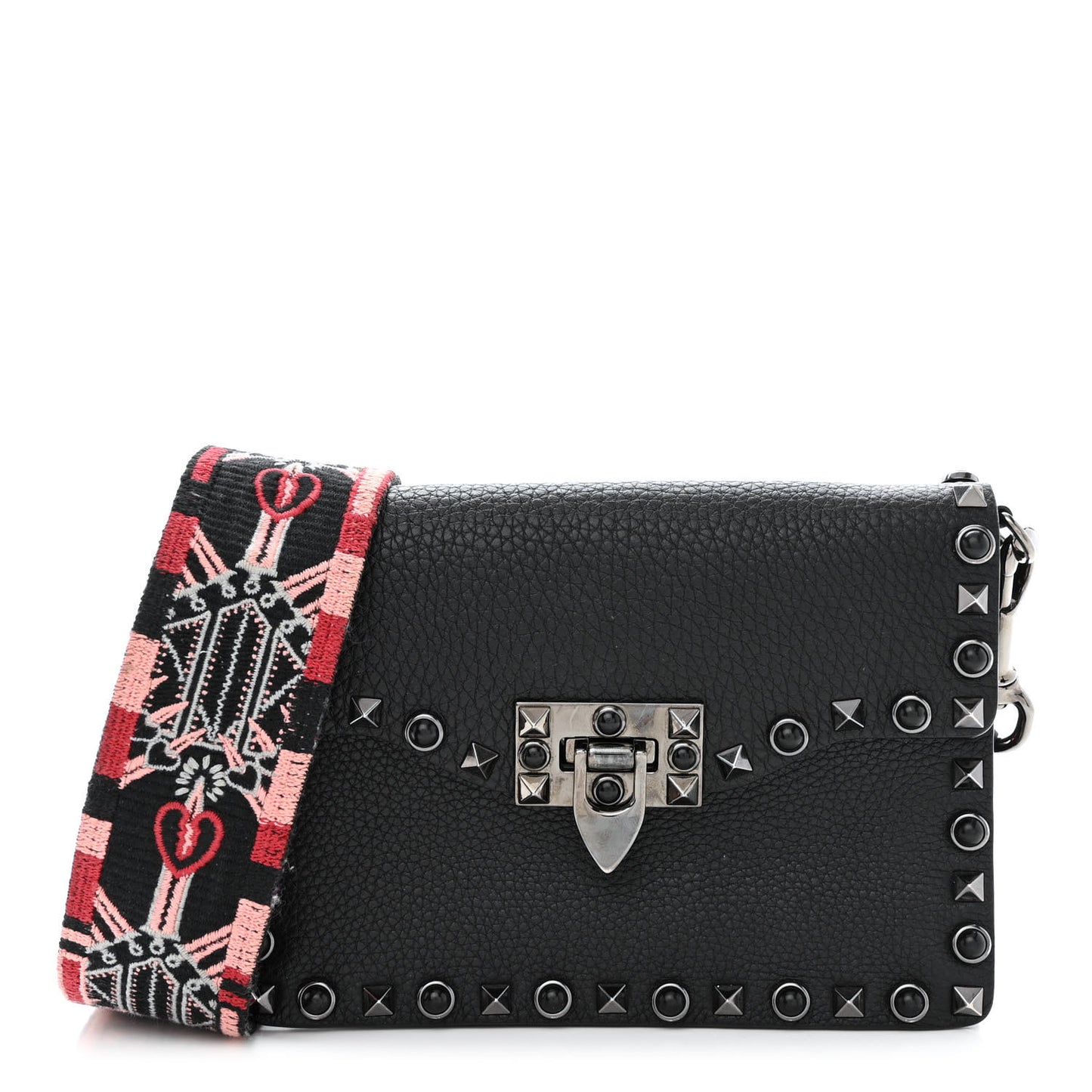 Calfskin Small Guitar Strap Rockstud Rolling Shoulder Flap Bag Black