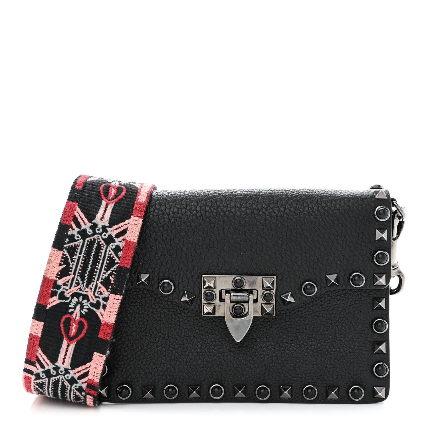 Valentino Garavani Calfskin Small Guitar Strap Rockstud Rolling Shoulder Flap Bag Black 1 of 13