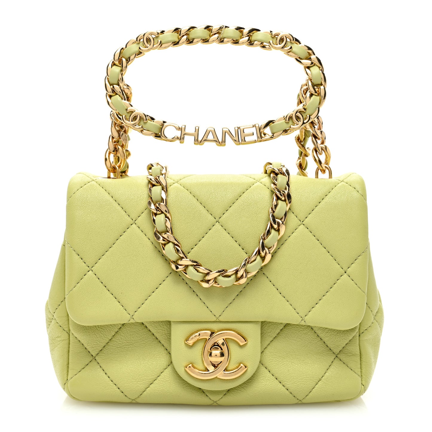 Lambskin Metal Quilted Mini Top Handle Square Flap Green Light Green