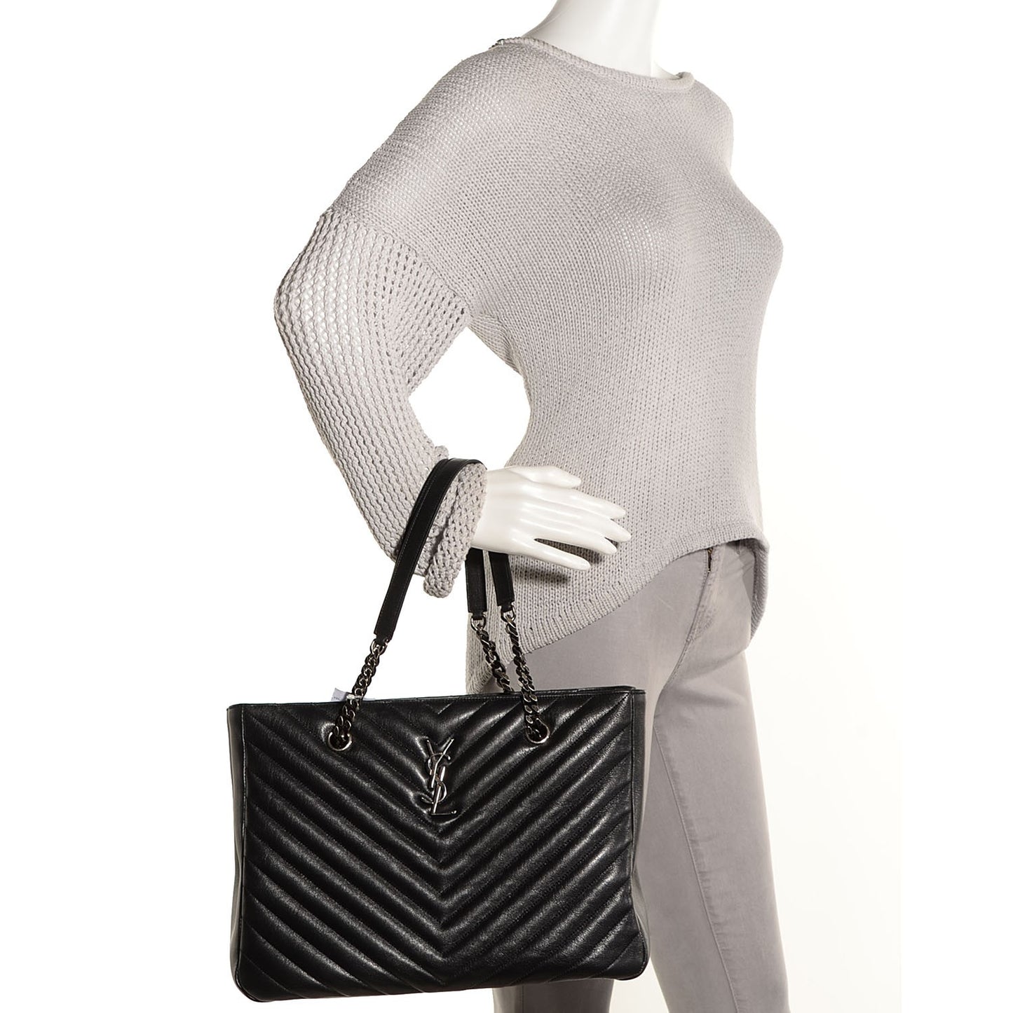Sheepskin Classic Matelasse Chevron Large Monogram Shopping Bag Black