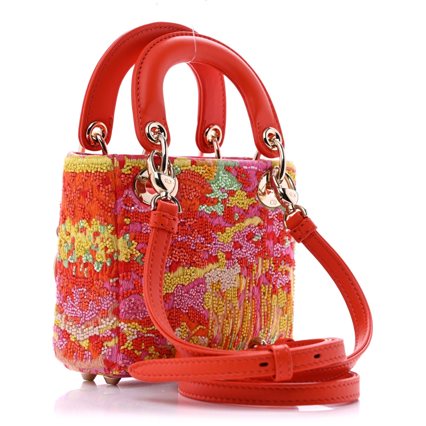 Beaded Embroidery Lambskin Micro Lady Dior Orange Multicolor