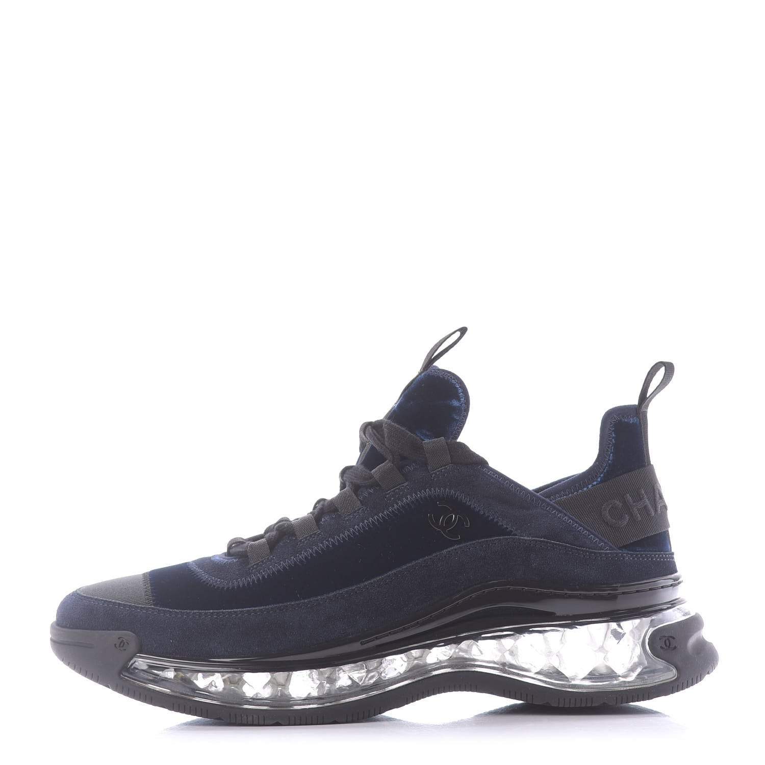 Chanel Suede Calfskin Velvet Grosgrain CC Sneakers 41 Navy Blue Black 1 of 11