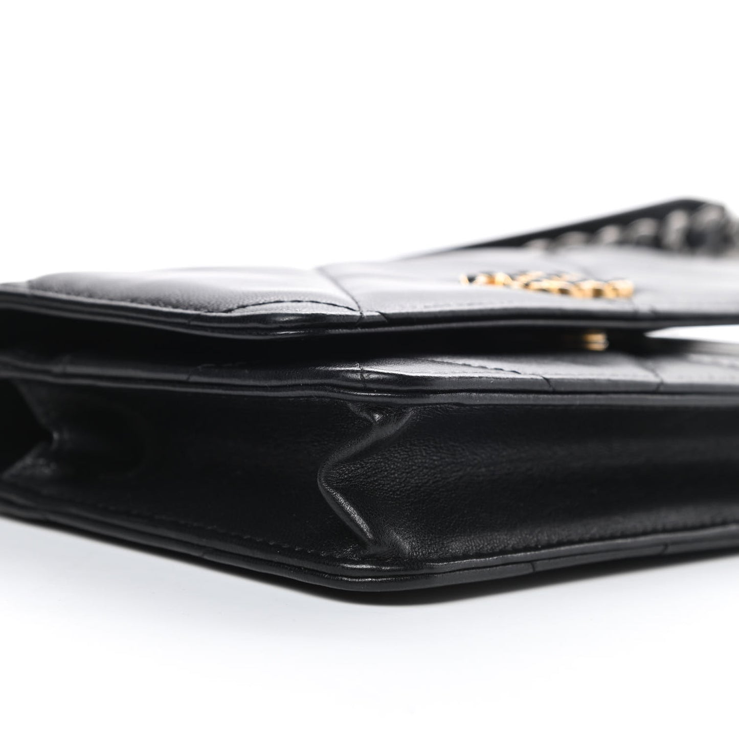 Shiny Goatskin Quilted Chanel 19 Wallet On Chain WOC Black