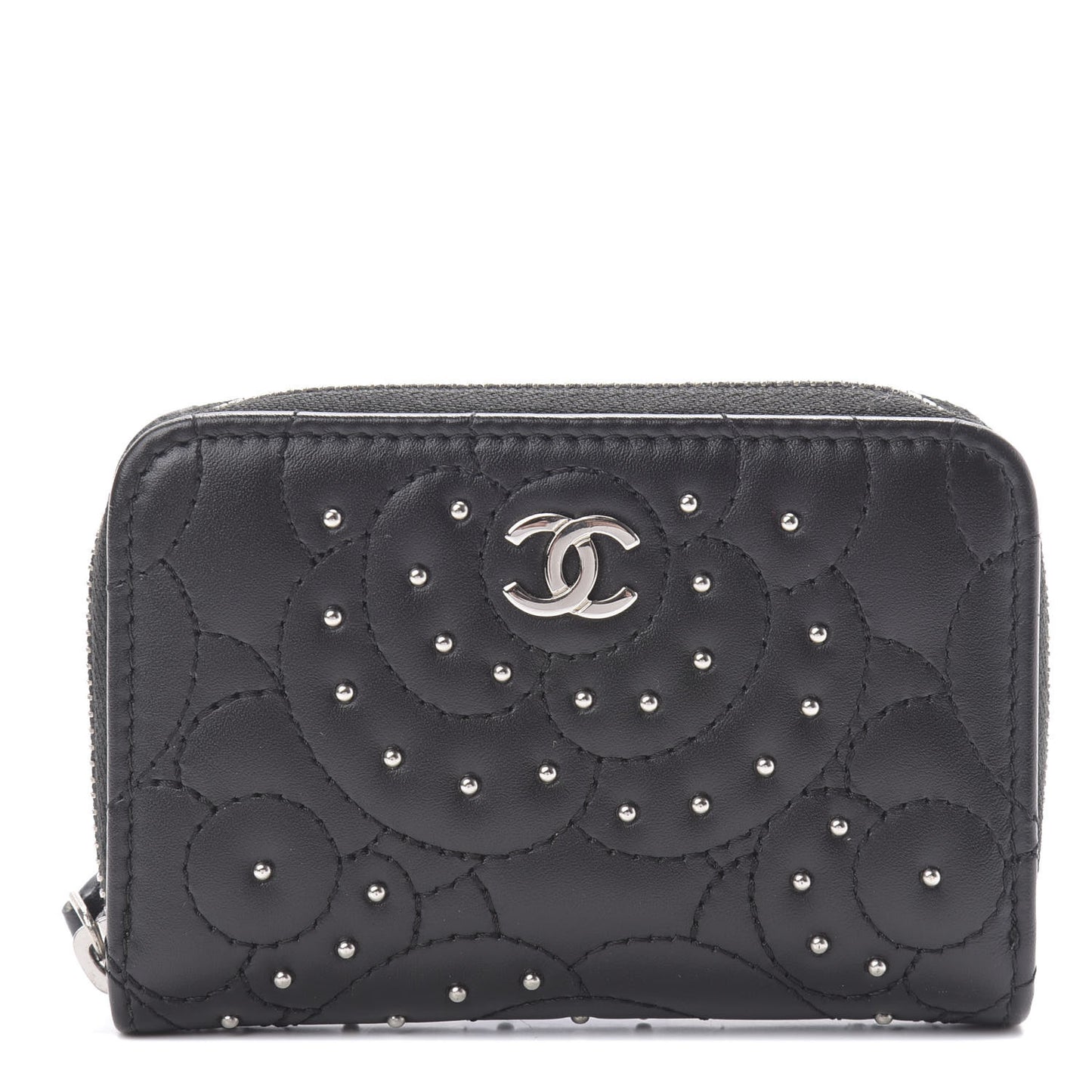 Lambskin Camellia Embossed Studded Zip Coin Purse Black