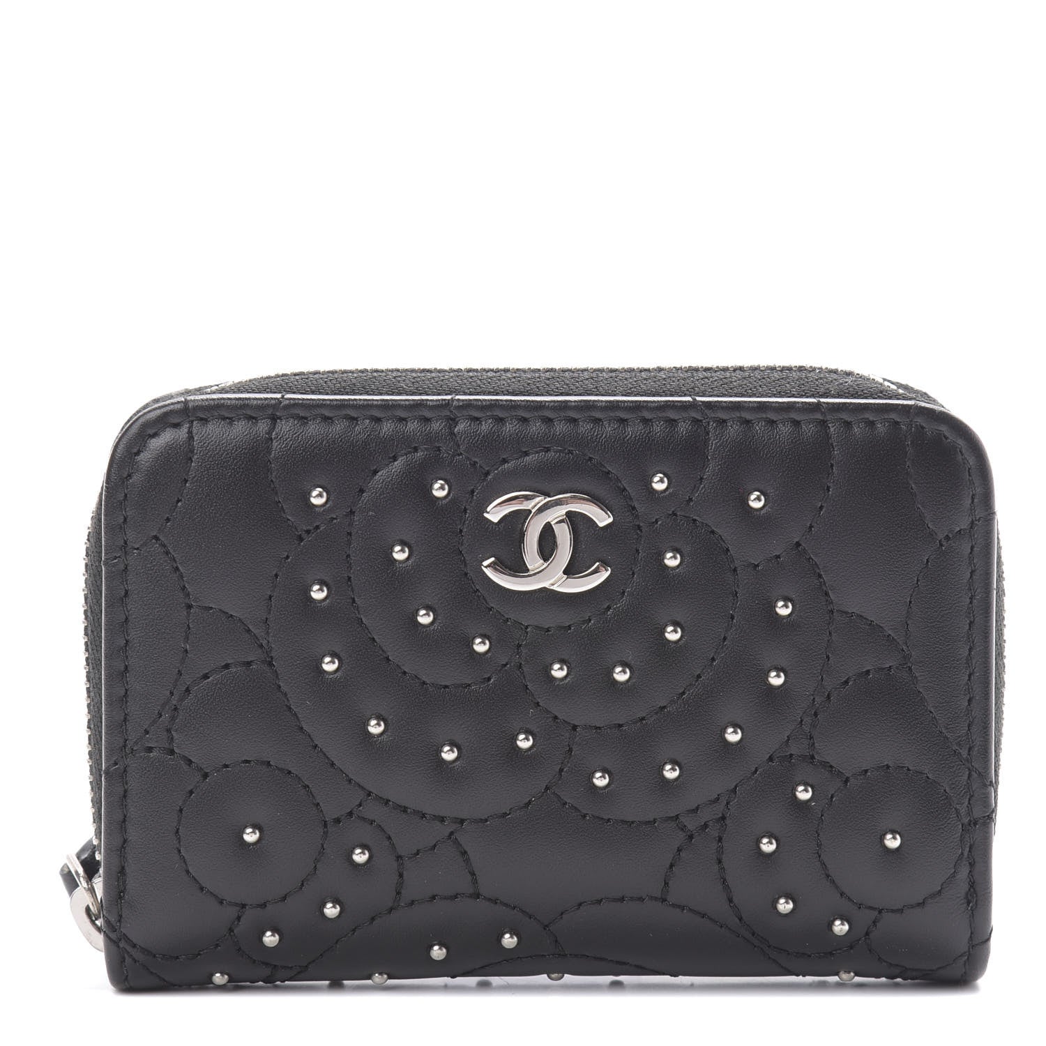 Chanel Lambskin Camellia Embossed Studded Zip Coin Purse Black 1 of 7