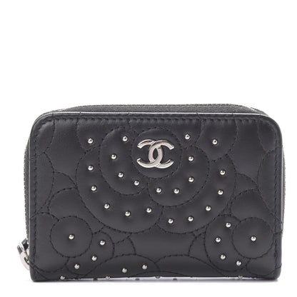 Chanel Lambskin Camellia Embossed Studded Zip Coin Purse Black 1 of 7