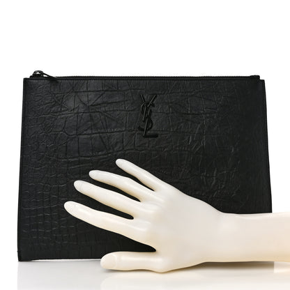 Saint Laurent Calfskin Crocodile Embossed Monogram iPad Case Black 2 of 7