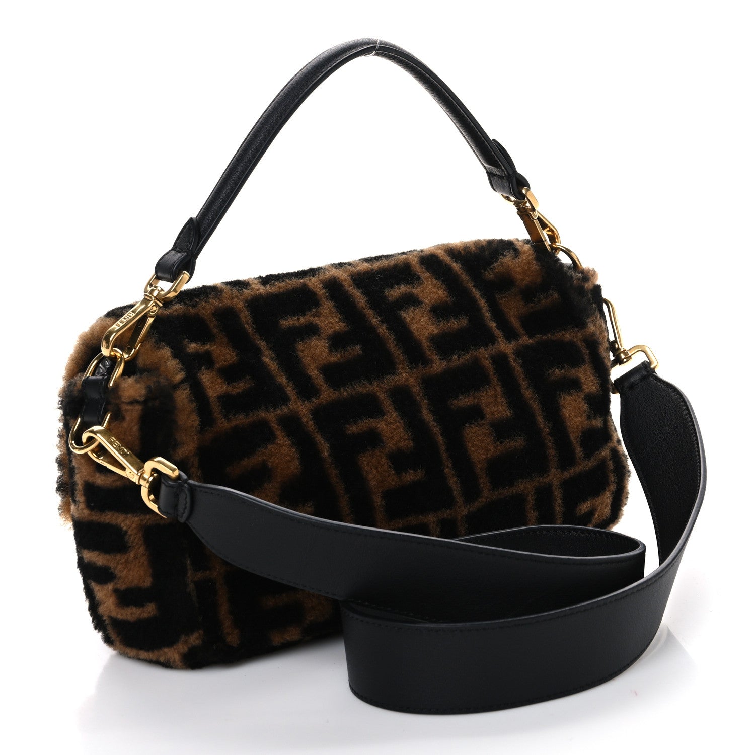 Fendi Shearling Vitello Dolce Macro FF 1974 Baguette Tobacco Black 3 of 10