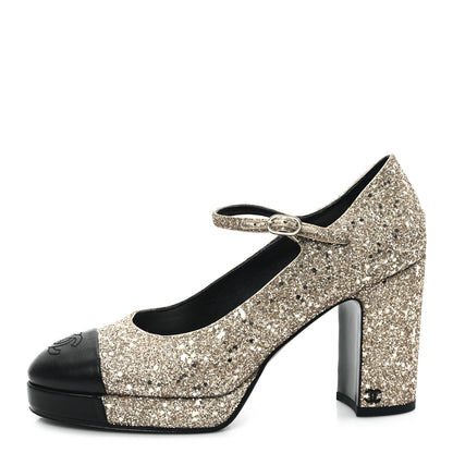 Chanel Glitter Lambskin Cap Toe CC Mary Jane Pumps 39.5 Light Gold Black 1 of 9