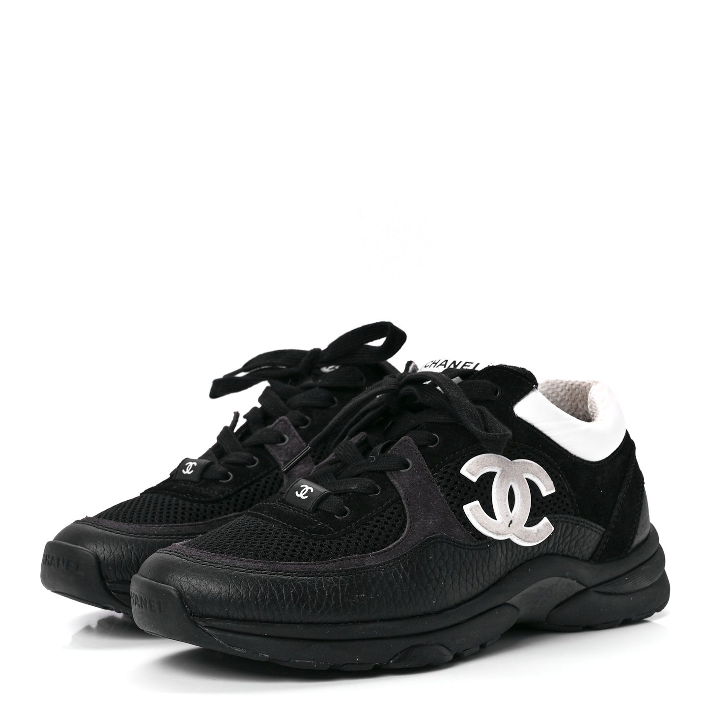Mesh Suede Calfskin Grained Calfskin Womens CC Sneakers 38.5 White Black