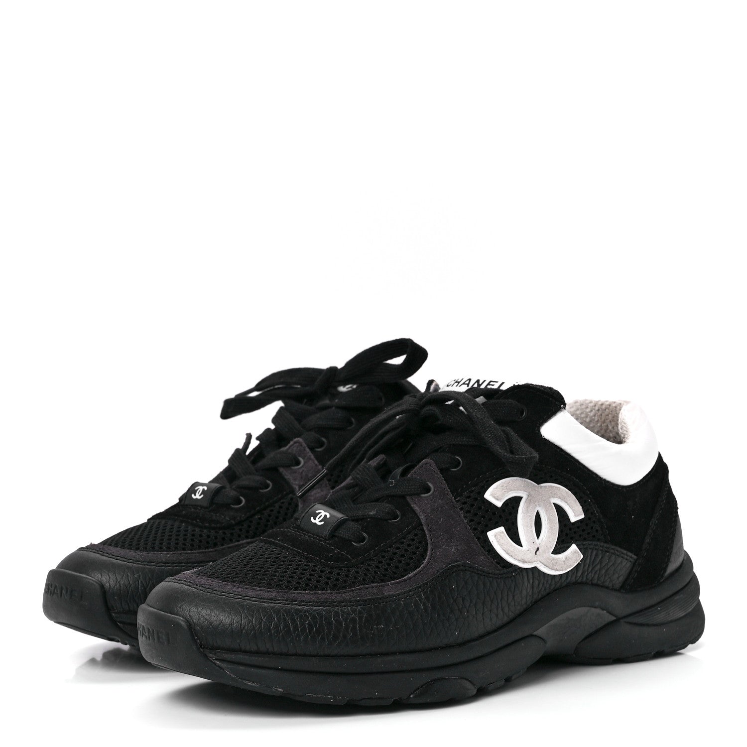 Chanel Mesh Suede Calfskin Grained Calfskin Womens CC Sneakers 38.5 White Black 3 of 9