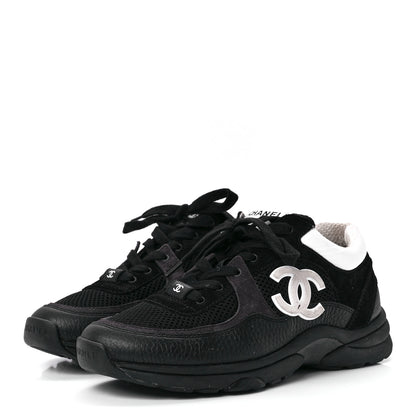 Chanel Mesh Suede Calfskin Grained Calfskin Womens CC Sneakers 38.5 White Black 3 of 9