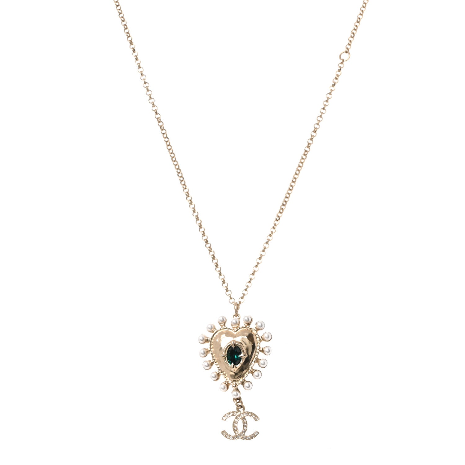 Chanel Resin Pearl Crystal CC Heart Necklace Gold 3 of 4