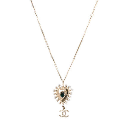 Chanel Resin Pearl Crystal CC Heart Necklace Gold 3 of 4