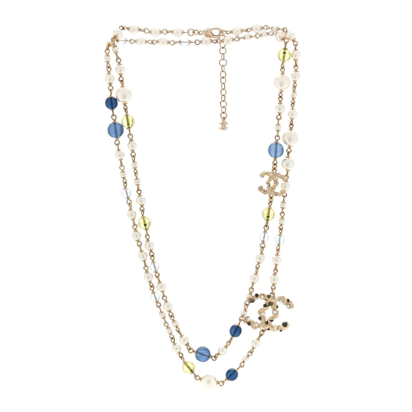 Pearl Glass Bead CC Long Necklace Blue Gold