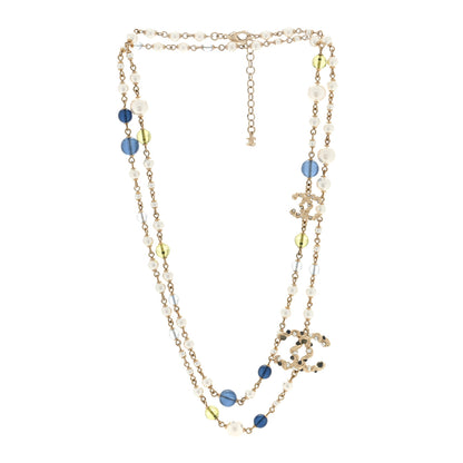Chanel Pearl Glass Bead CC Long Necklace Blue Gold 3 of 5