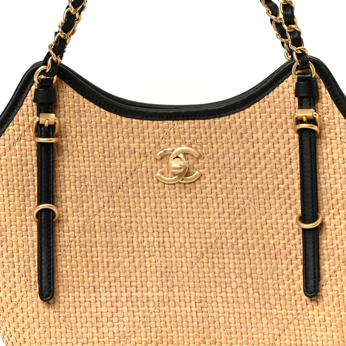 Braided Raffia Stitched Small Shopping Bag Dark Beige Black