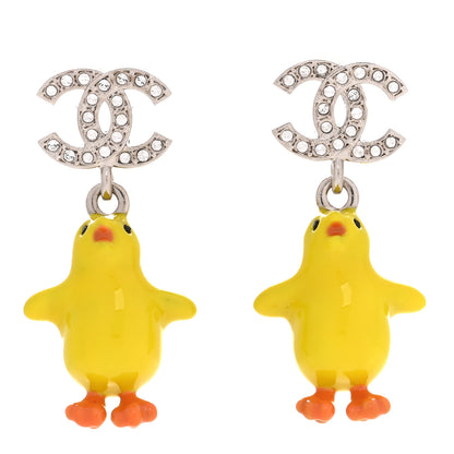 Chanel Metal Resin Strass Crystal CC Baby Chick Pendant Earrings Silver Yellow Orange 1 of 5