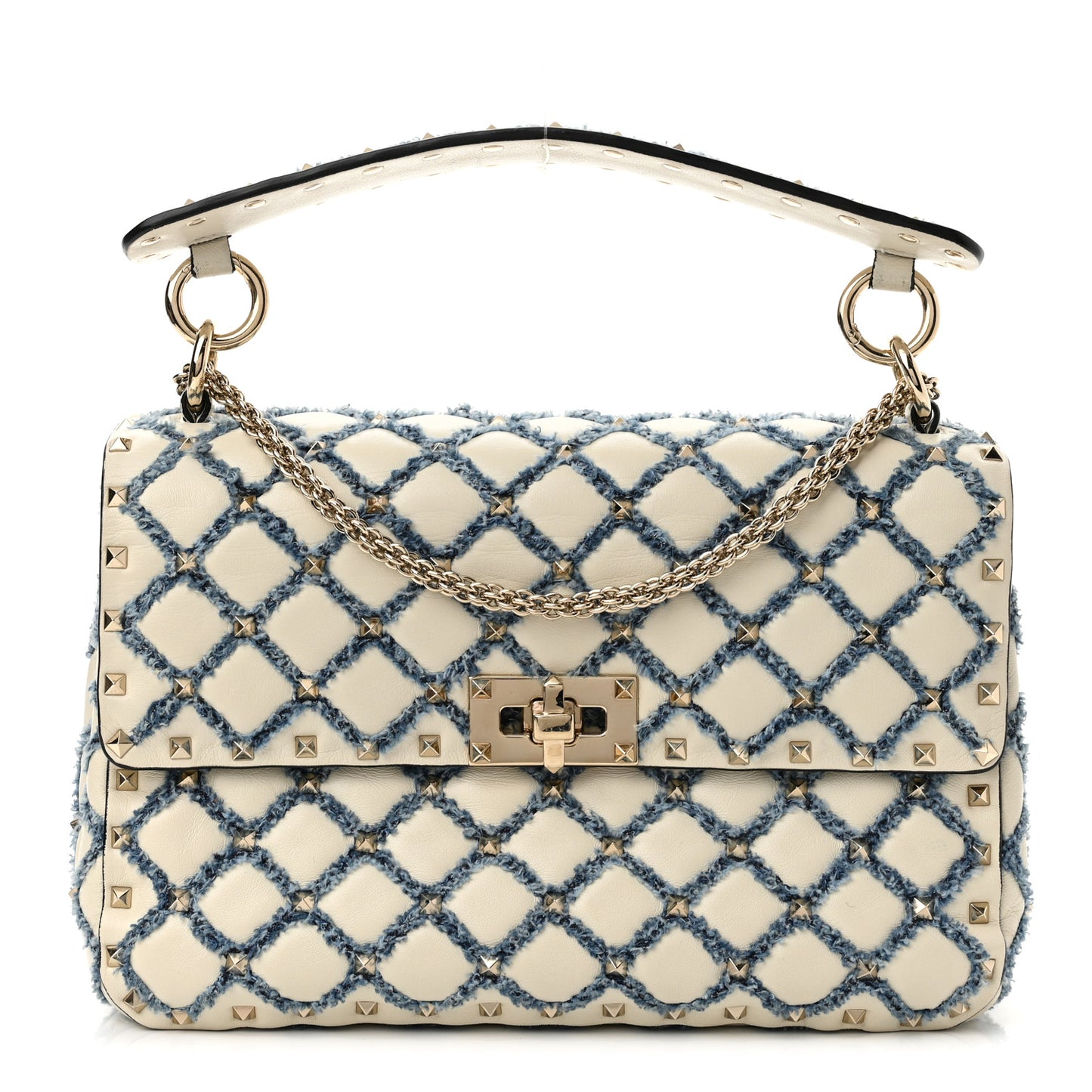 Nappa Denim Quilted Rockstud Medium Spike Shoulder Bag Ivory Blue