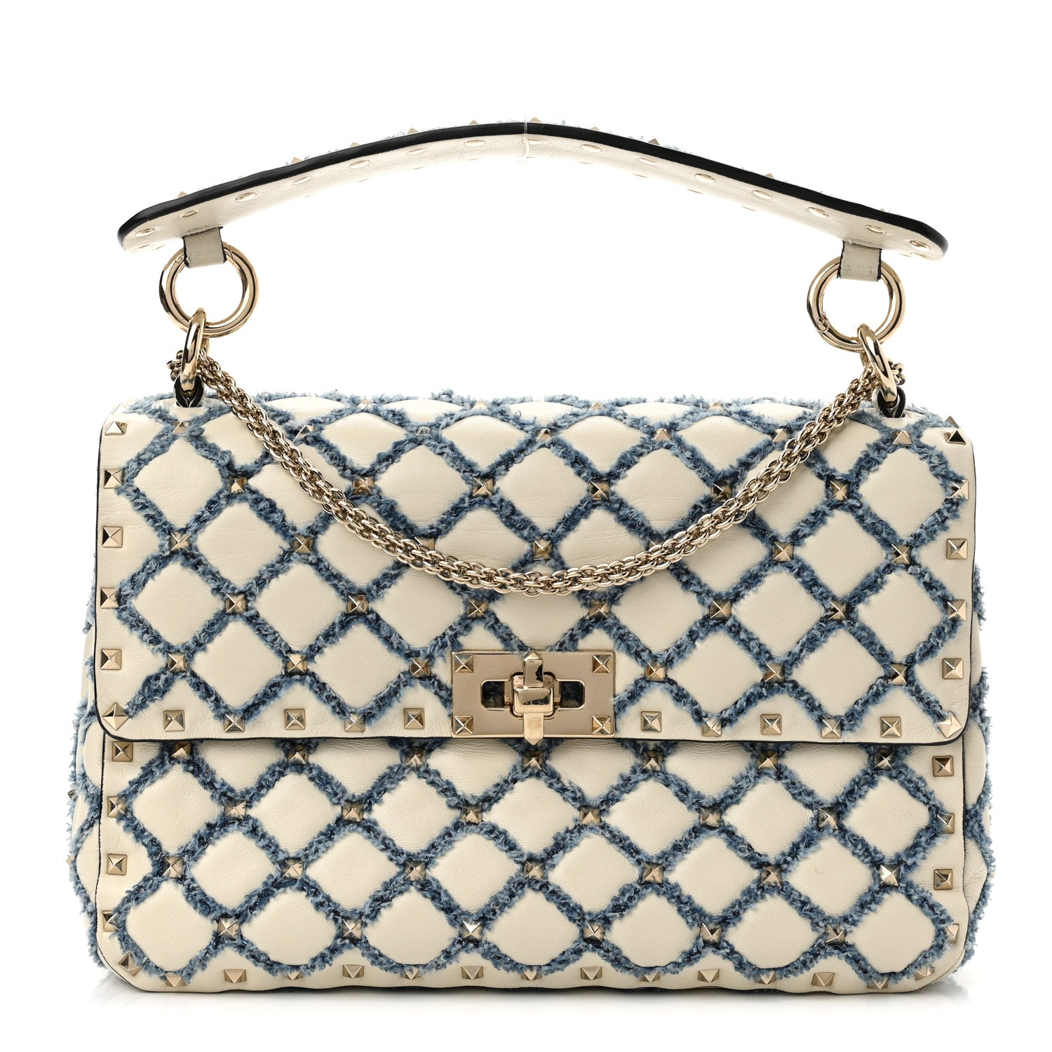 Valentino Garavani Nappa Denim Quilted Rockstud Medium Spike Shoulder Bag Ivory Blue 1 of 9