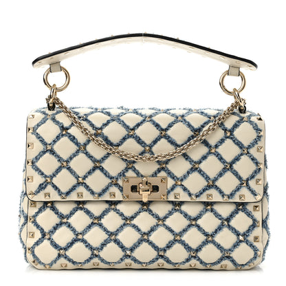 Valentino Garavani Nappa Denim Quilted Rockstud Medium Spike Shoulder Bag Ivory Blue 1 of 9