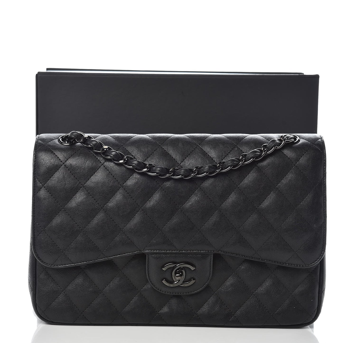 Crumpled Calfskin Quilted Jumbo Double Flap So Black