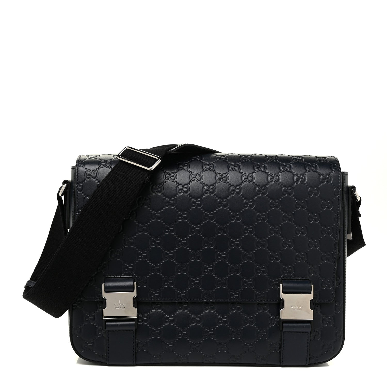 Gucci Guccissima Signature Medium Double Buckle Flap Messenger Bag Blue 1 of 14