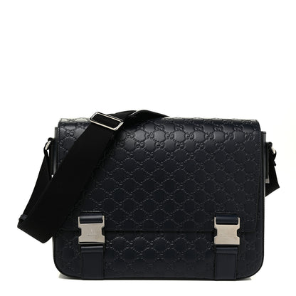Gucci Guccissima Signature Medium Double Buckle Flap Messenger Bag Blue 1 of 14