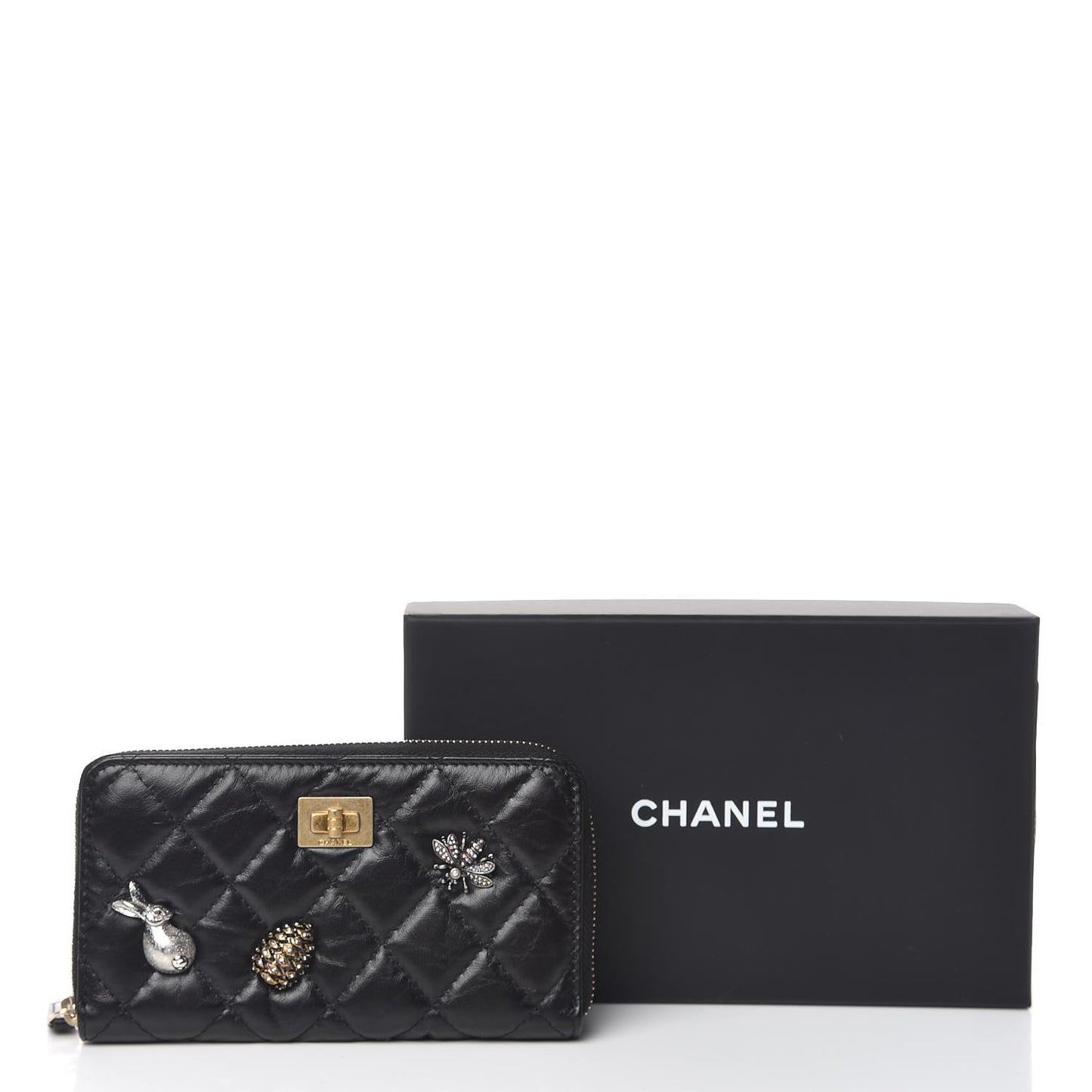 Aged Calfskin Quilted Medium Lucky Charms 2.55 Reissue Zip Around Wallet Black