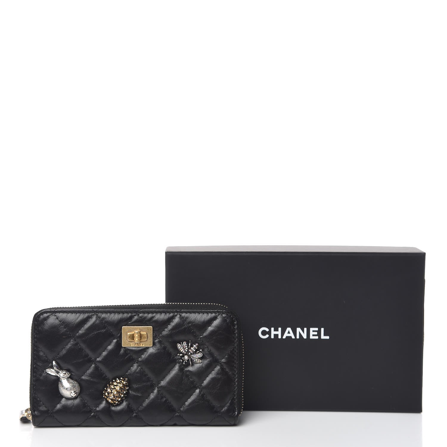 Chanel Aged Calfskin Quilted Medium Lucky Charms 2.55 Reissue Zip Around Wallet Black 9 of 9