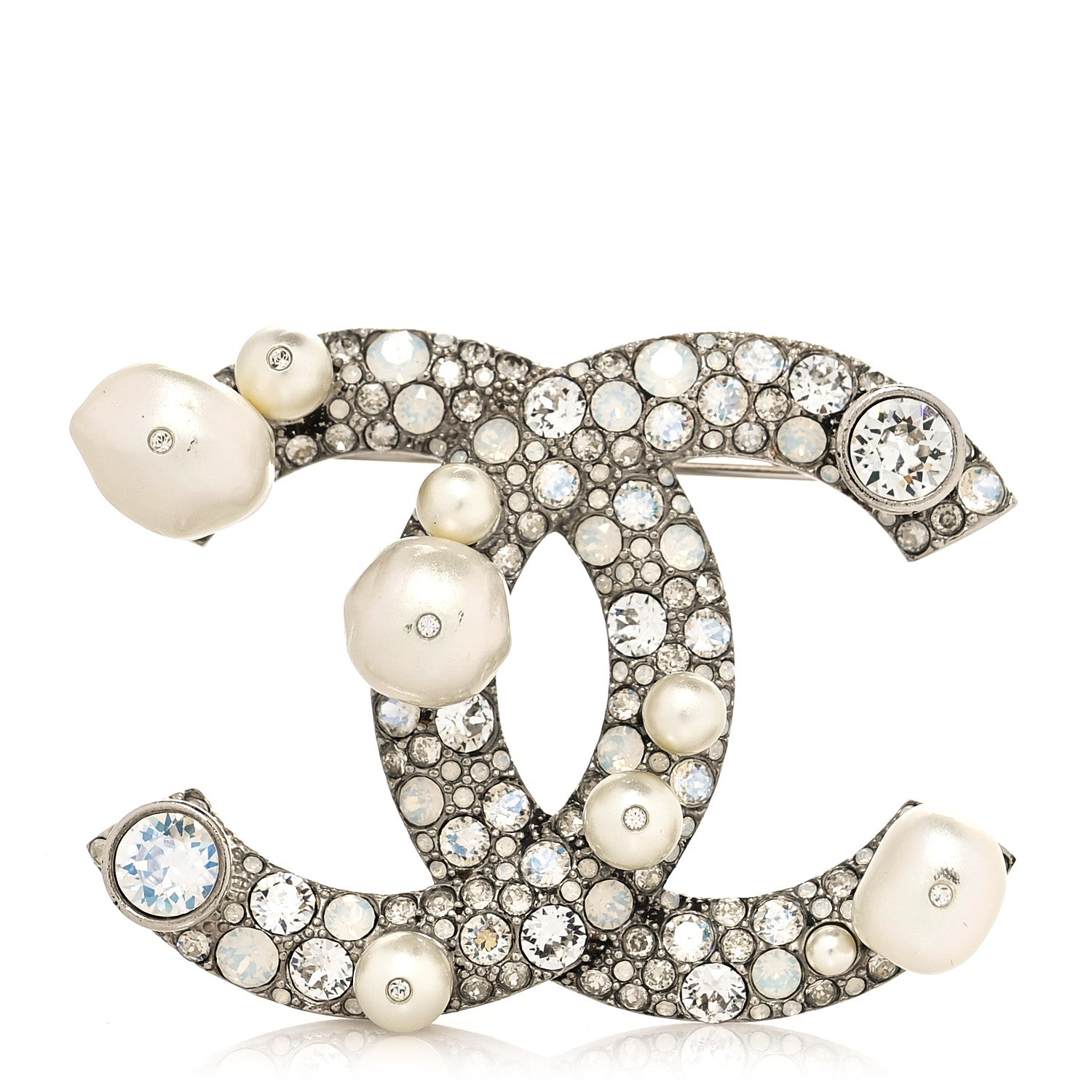 Chanel Pearl Crystal CC Mini Brooch Silver 1 of 7