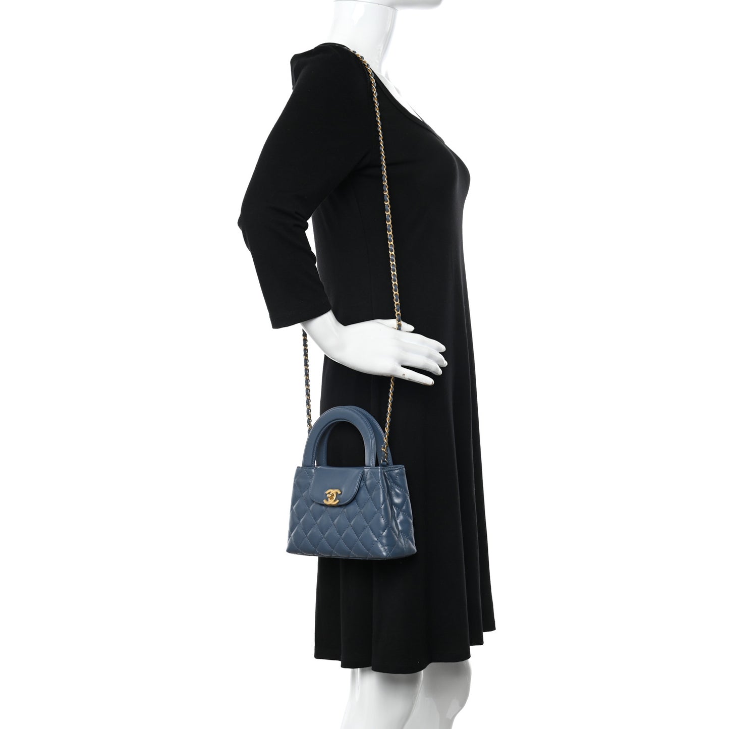 Shiny Aged Calfskin Quilted Nano Kelly Shopper Dark Blue