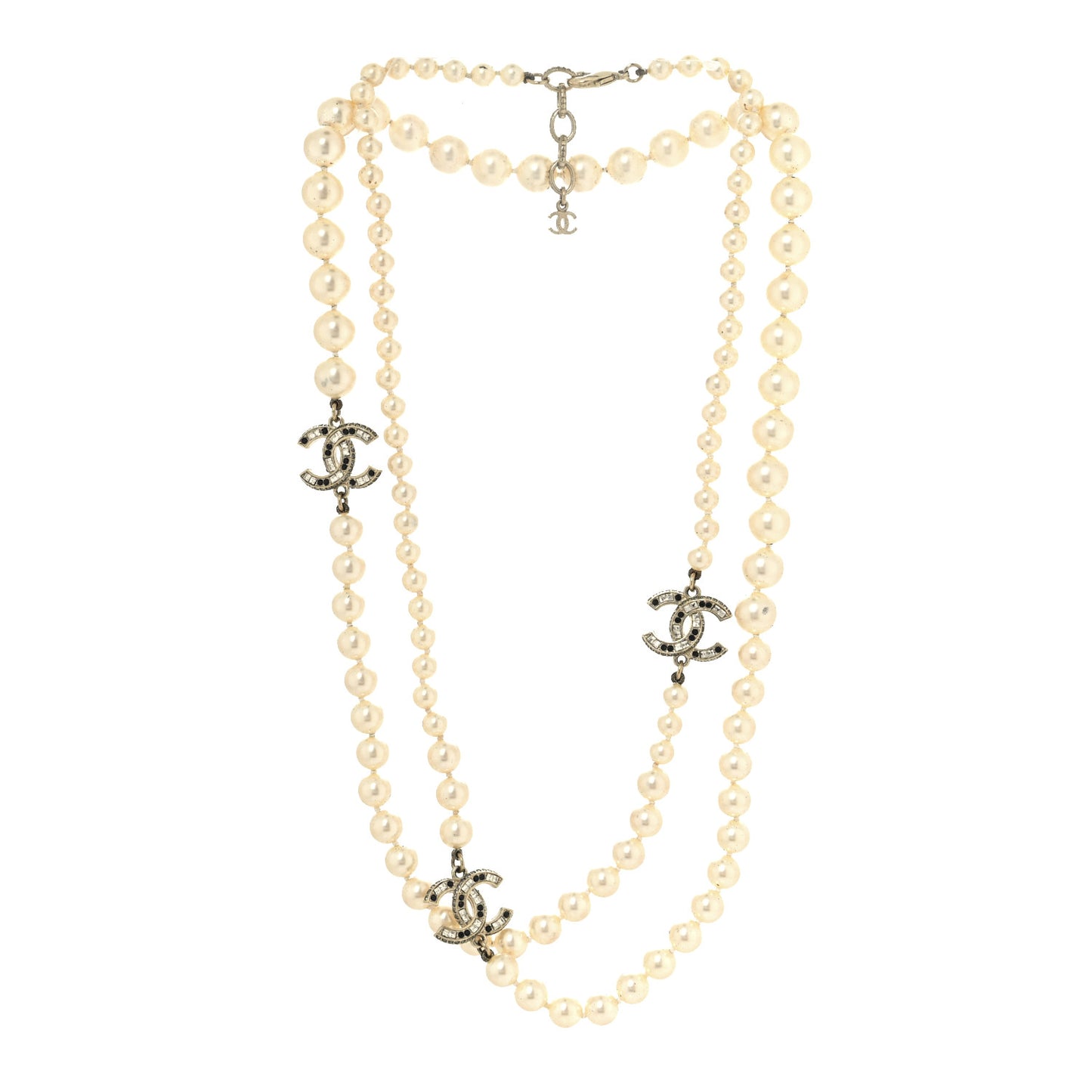 Baguette Crystal Pearl CC Long Necklace Black Gold
