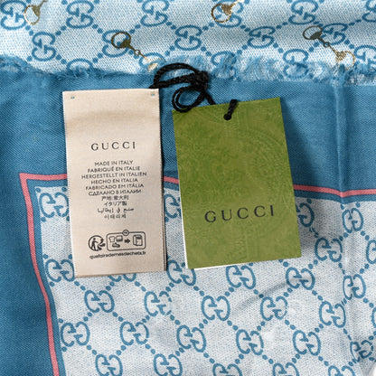 Gucci Modal Silk GG Monogram Big Gold Horsebit Fringe Shawl Bluette Pink 3 of 5