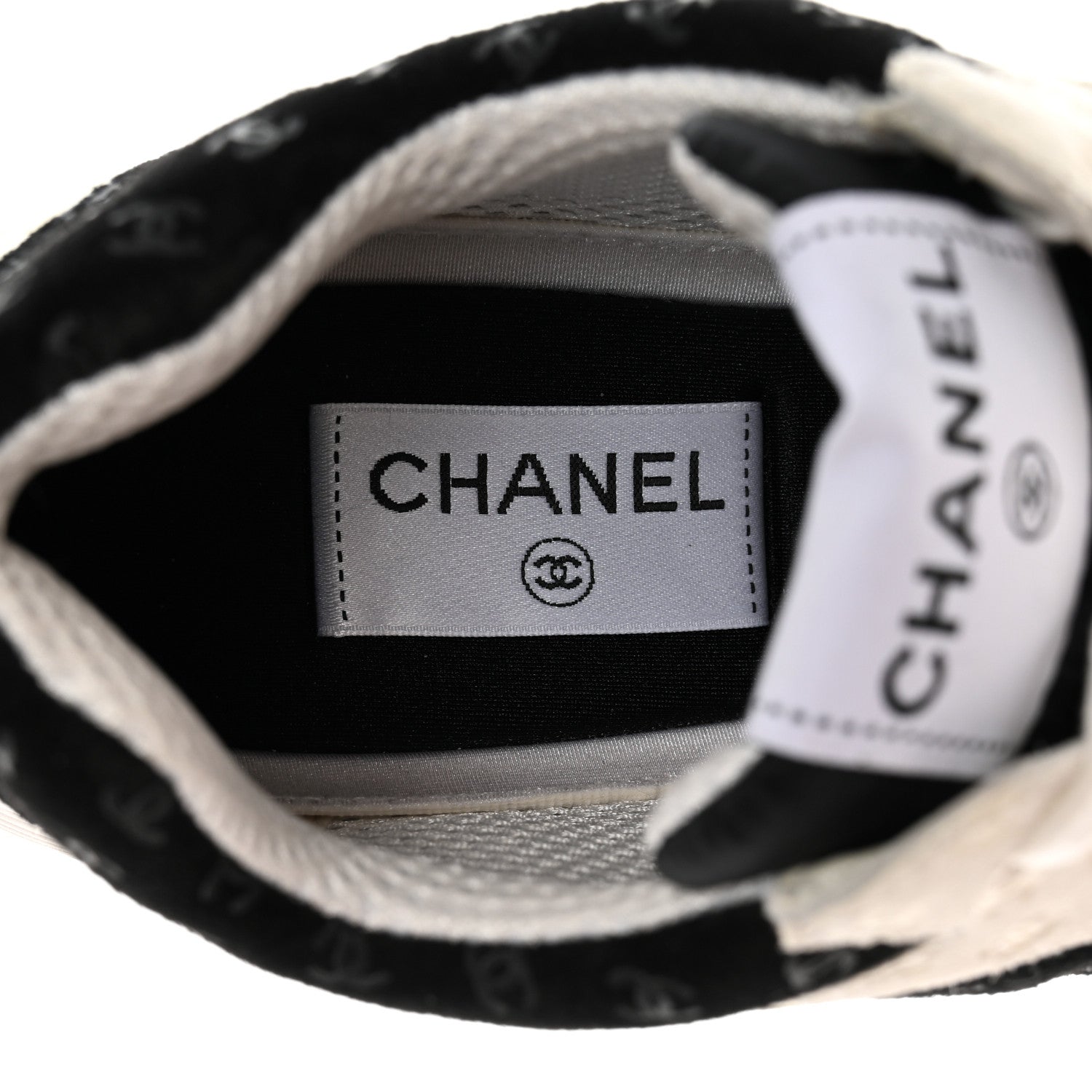 Chanel Nylon Suede Calfskin Printed CC Sneakers 38.5 White Black 7 of 9