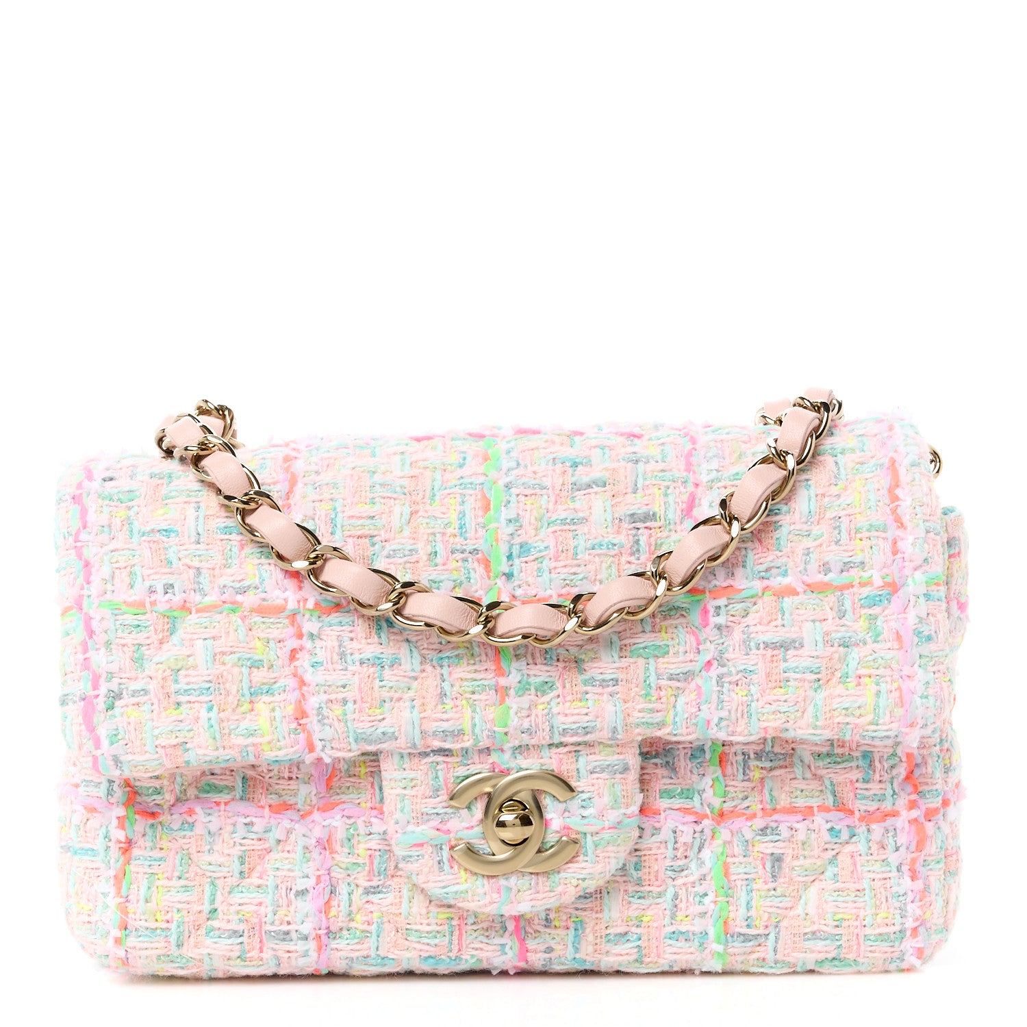 Chanel Tweed Quilted Mini Rectangular Flap Pink Green Orange Purple 1 of 13