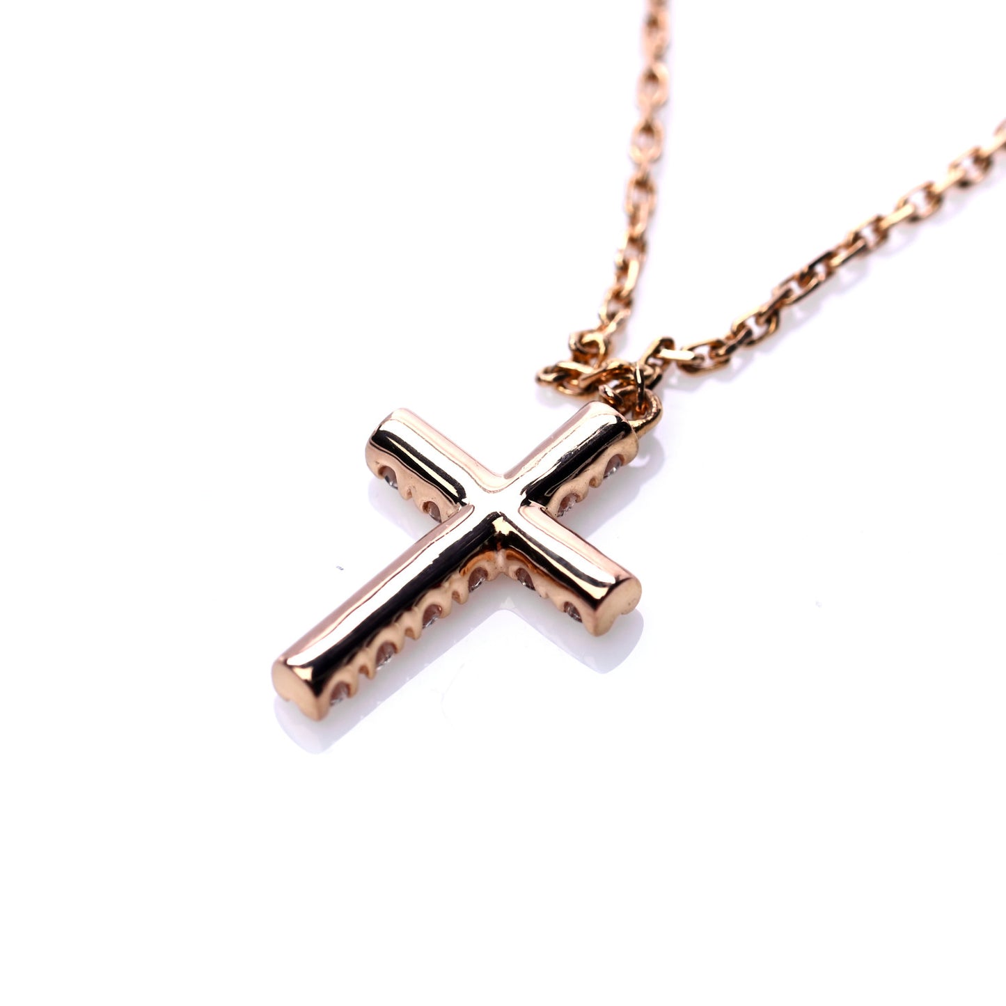 18K Pink Gold Diamond Symbols Cross Pendant Necklace