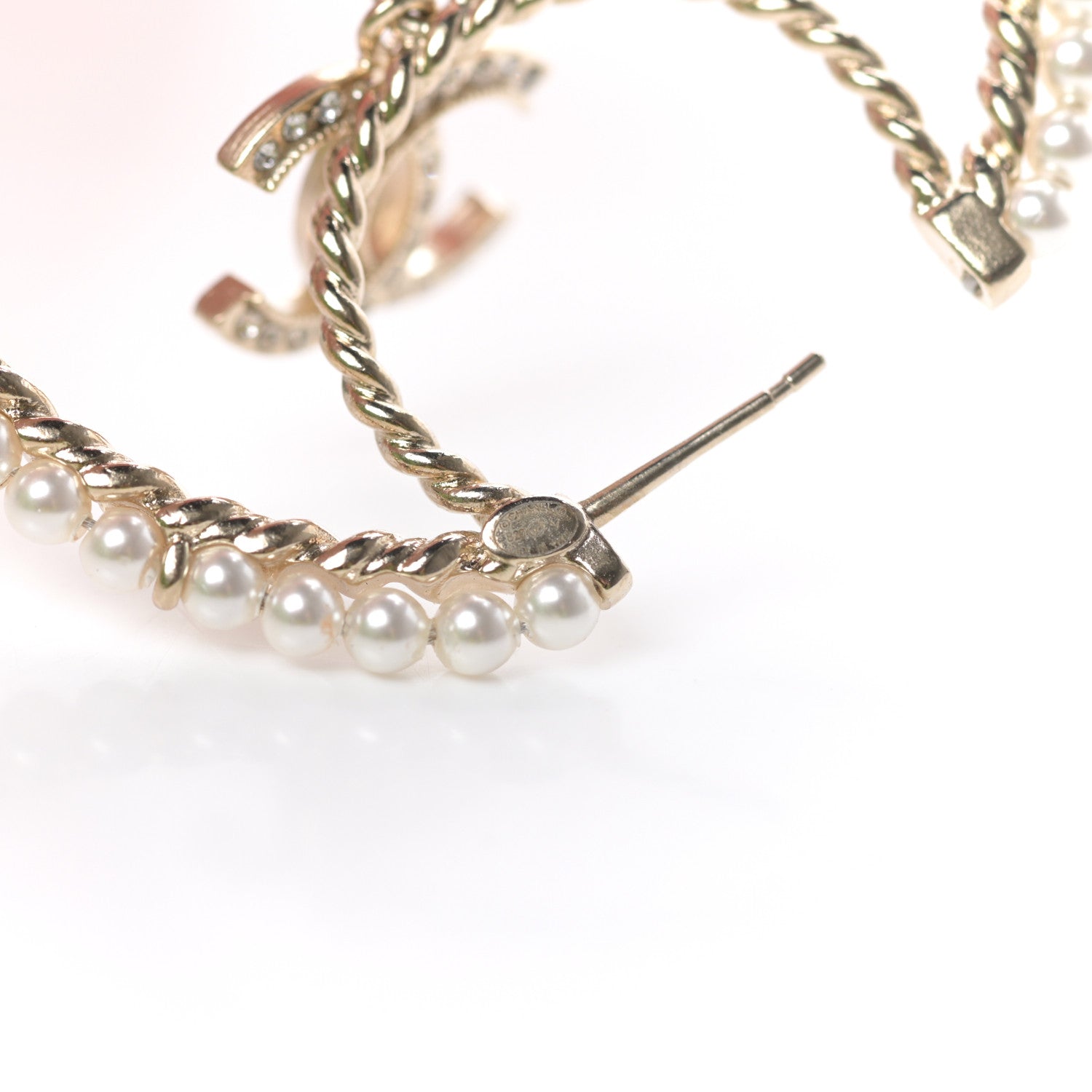 Chanel Crystal Pearl CC Drop Hoop Earrings Gold Pearly White 4 of 4