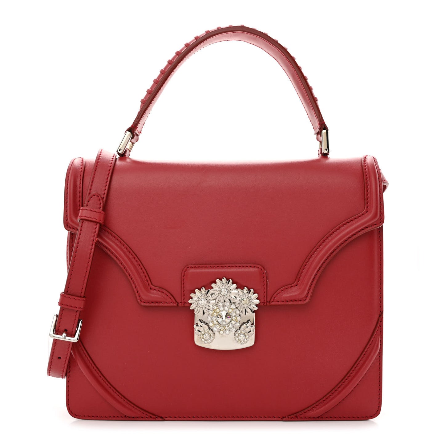 Calfskin Crystal Chain Flower Satchel Red