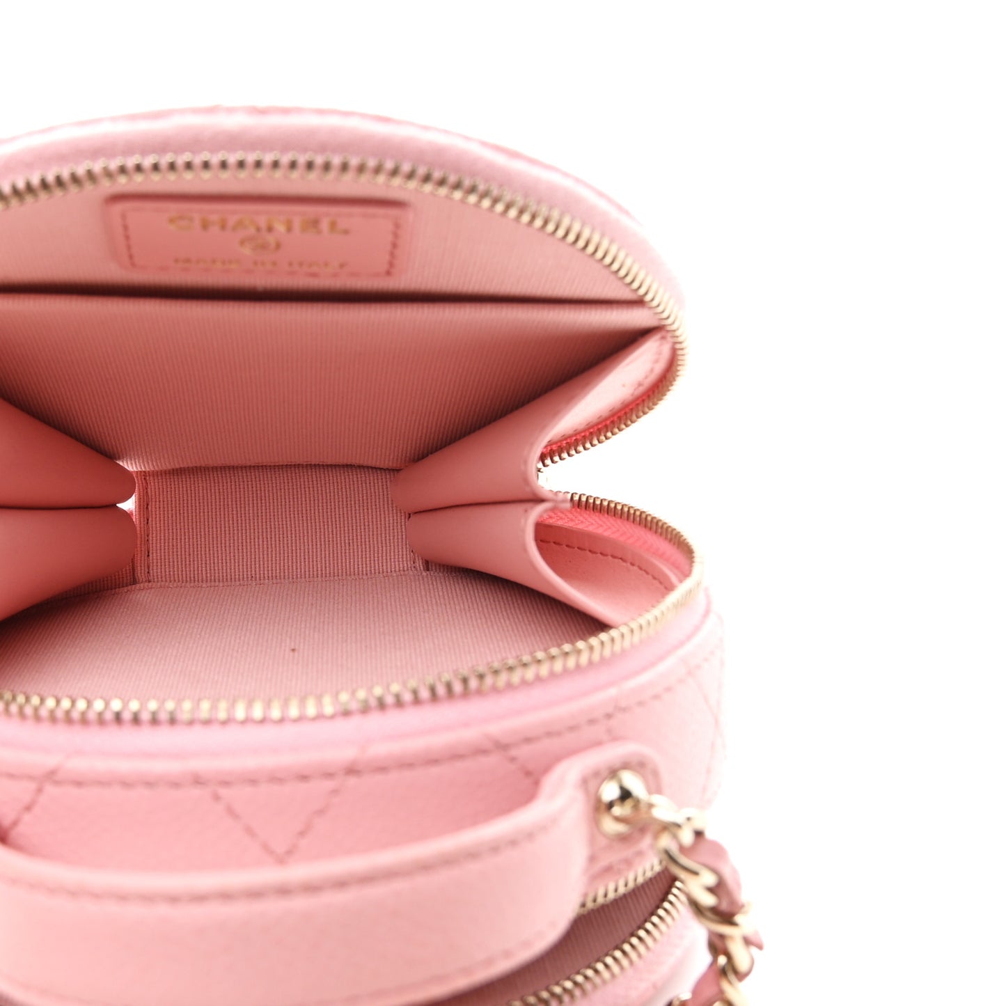 Caviar Quilted Round Handle With Care Vanity With Chain Pink