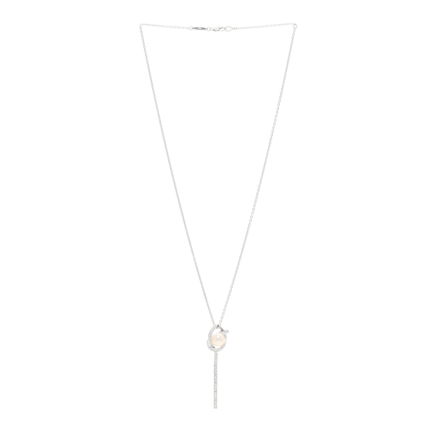18K White Gold Diamond Akoya Cultured Pearl 8mm Ribbon Drop Pendant Necklace
