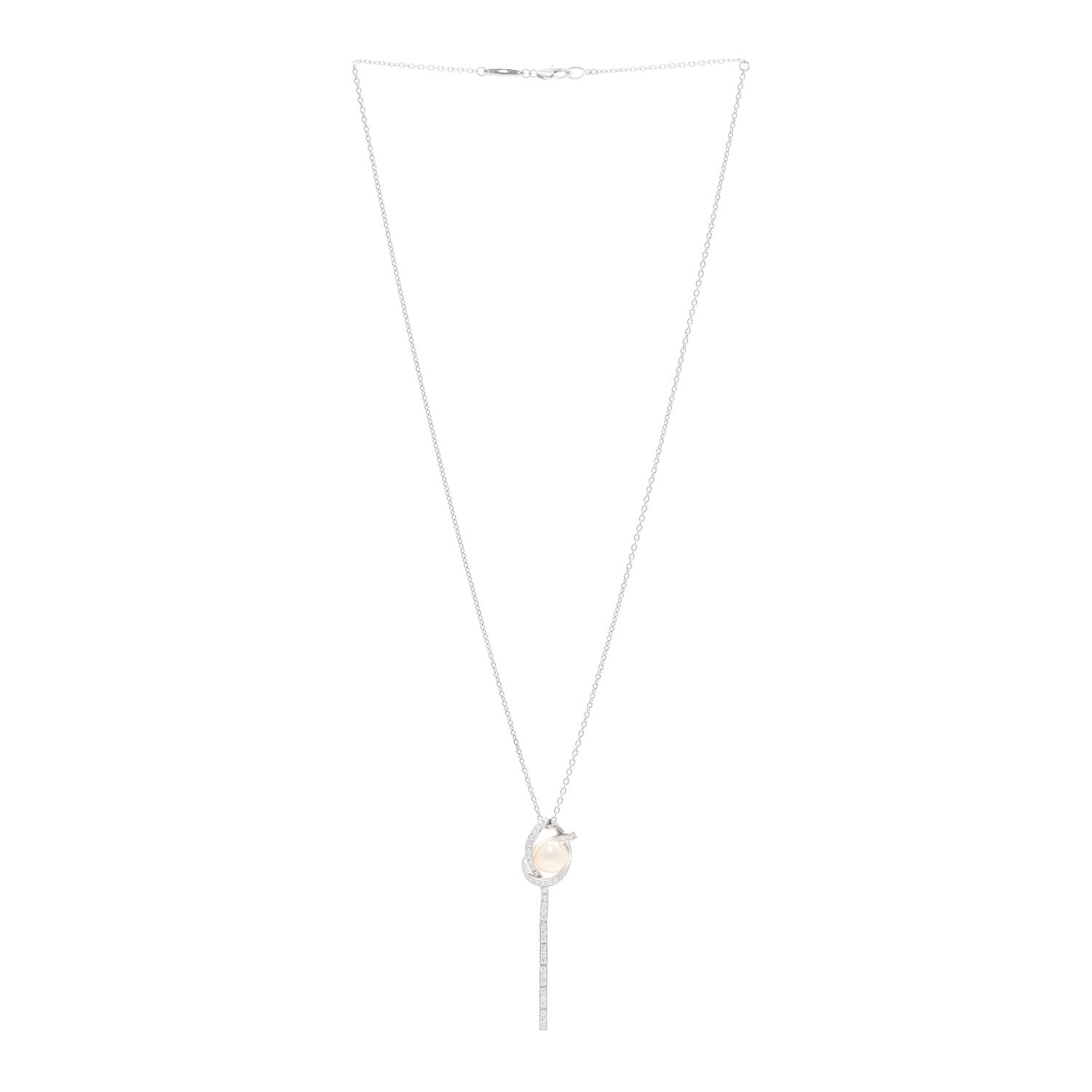 Mikimoto 18K White Gold Diamond Akoya Cultured Pearl 8mm Ribbon Drop Pendant Necklace 3 of 5