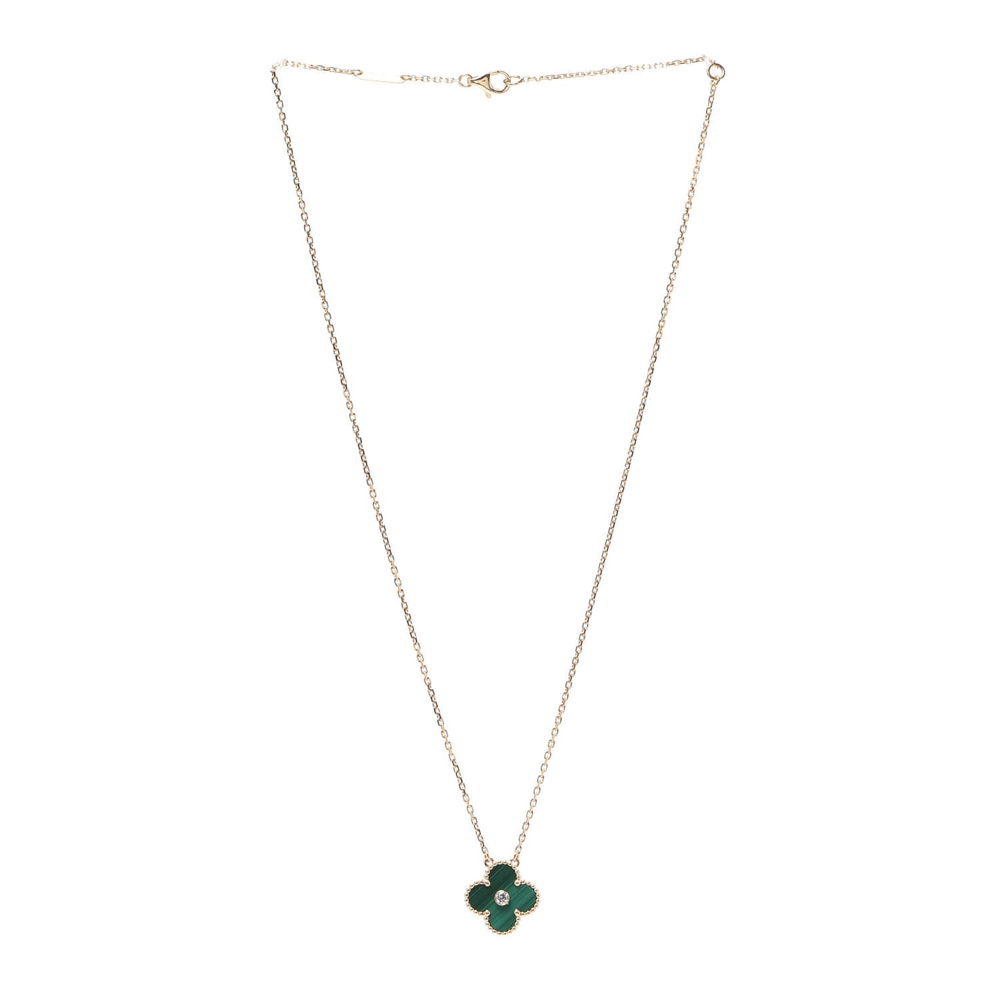 18K Yellow Gold Diamond Malachite Vintage Alhambra Pendant Necklace