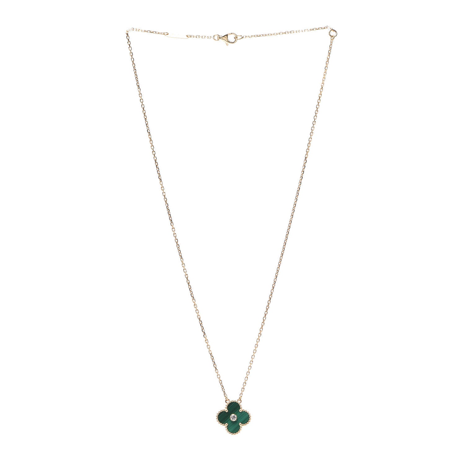 Van Cleef & Arpels 18K Yellow Gold Diamond Malachite Vintage Alhambra Pendant Necklace 3 of 6