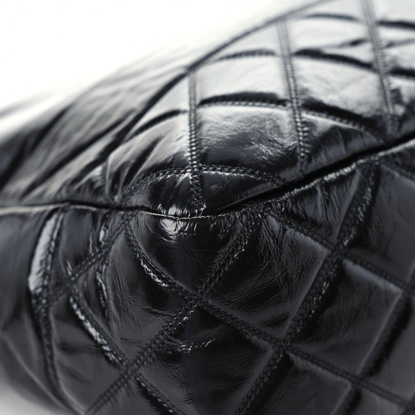 Shiny Aged Calfskin Quilted Large Shopping Bag Black