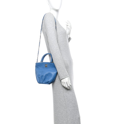 Chanel Calfskin Stitched Chain Top Handle Bucket Bag Blue 2 of 12