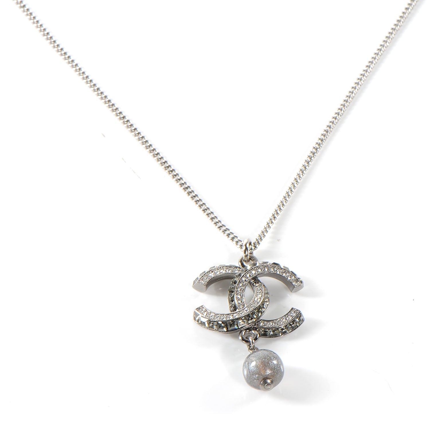 Chanel Swarovski Crystal Bead Pendant CC Necklace Silver 1 of 5