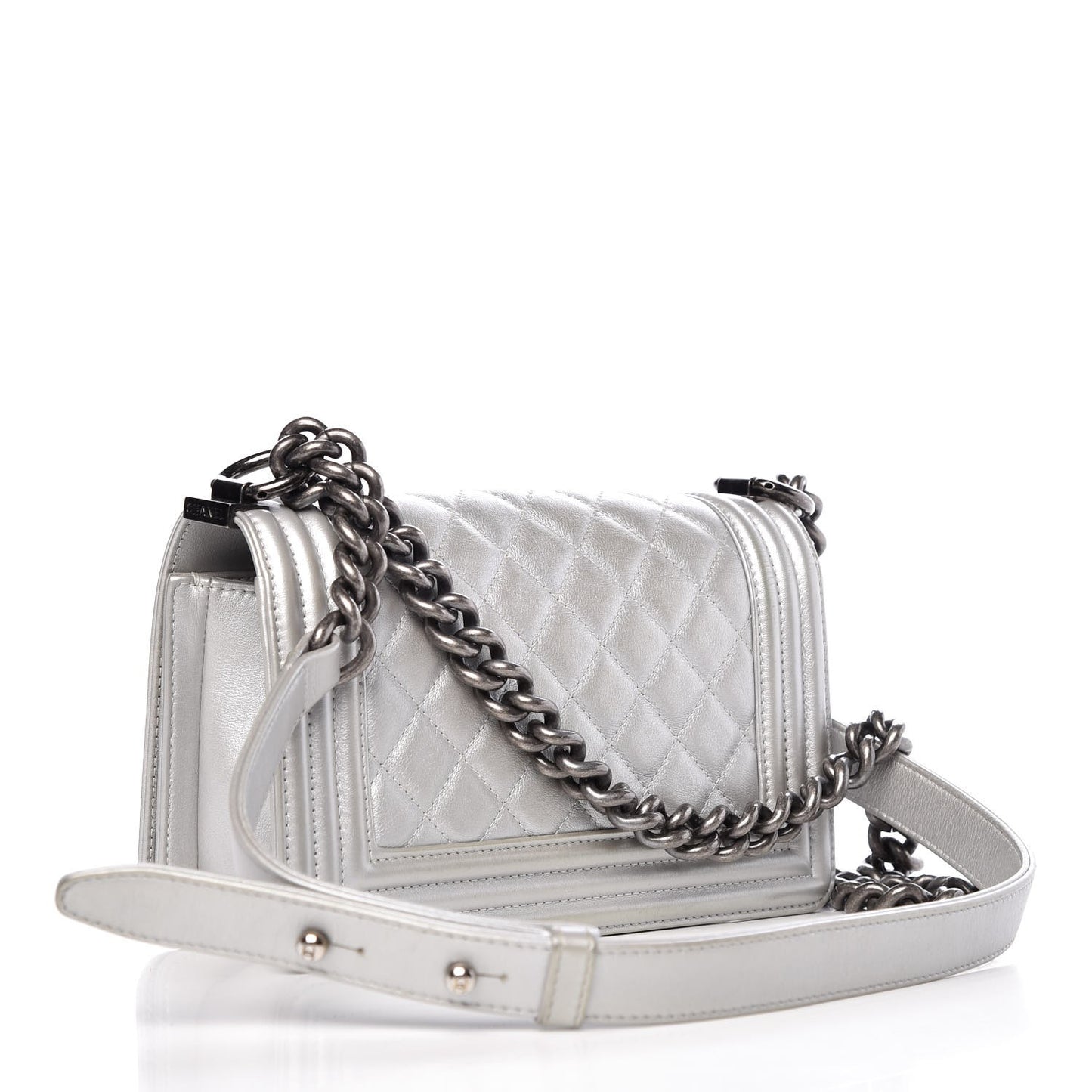Metallic Calfskin Quilted Small Boy Flap Silver