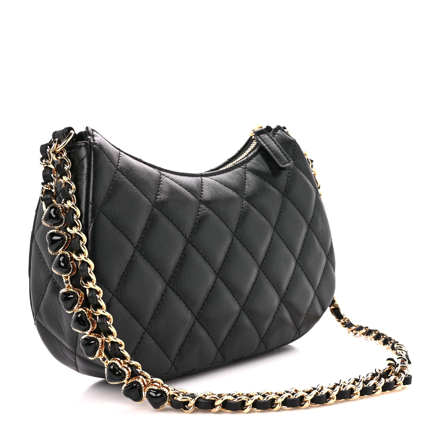 Shiny Crumpled Calfskin Quilted Enamel Heart Hobo Black