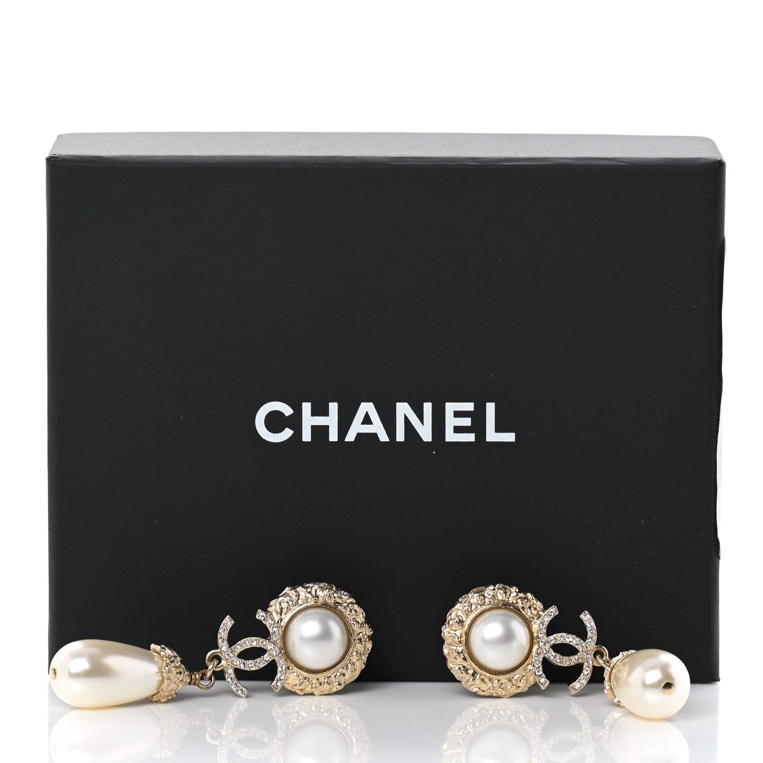 Chanel Metal Pearl Crystal Textured Teardrop CC Drop Earrings Gold 5 of 5
